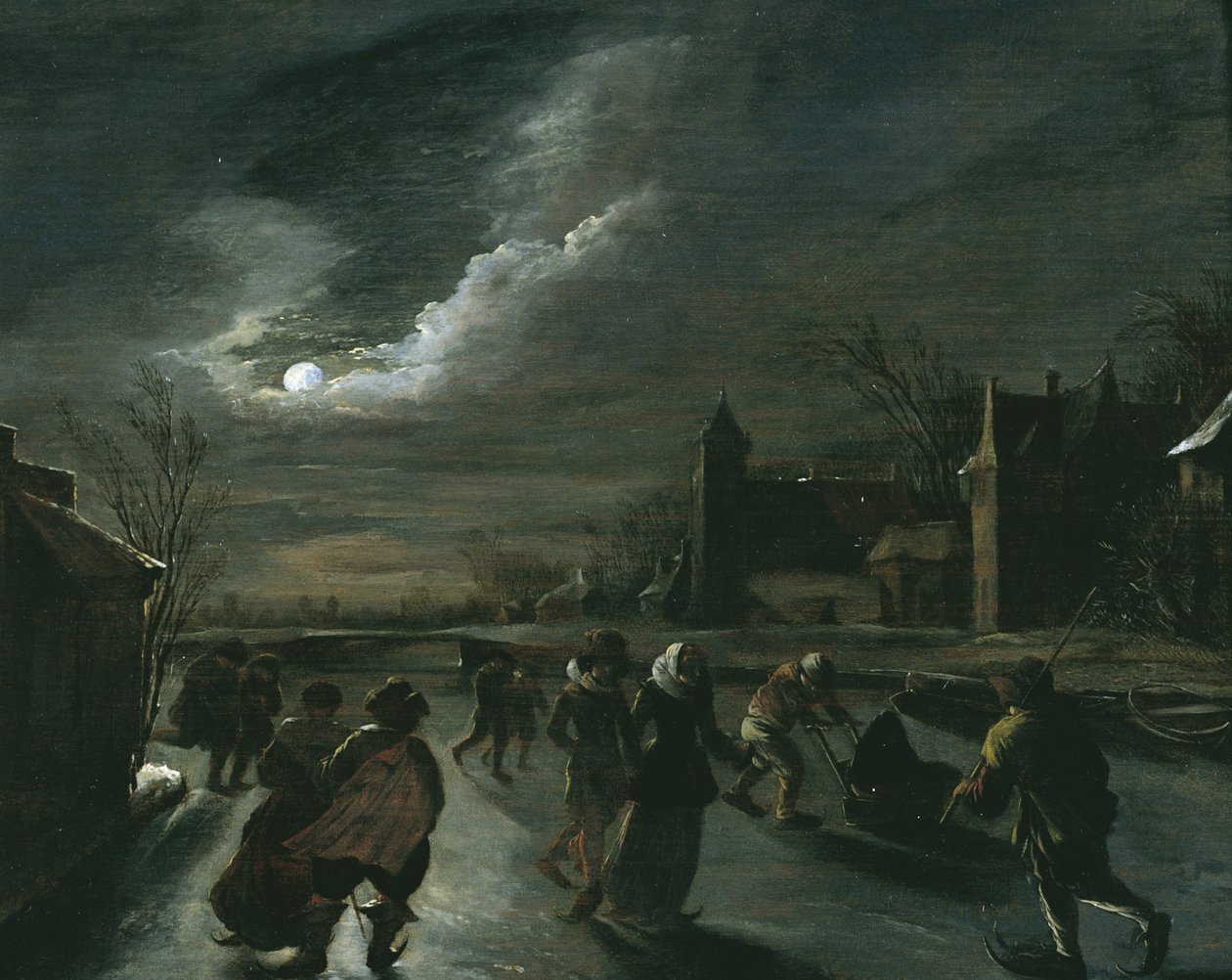 Scena księżyca z łyżwiarzami autorstwa Dutch School