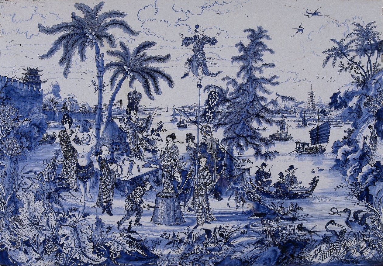 Tablica z pejzażem Chinoiserie i złoconymi detalami, ok. 1680 (fajans) autorstwa Dutch School