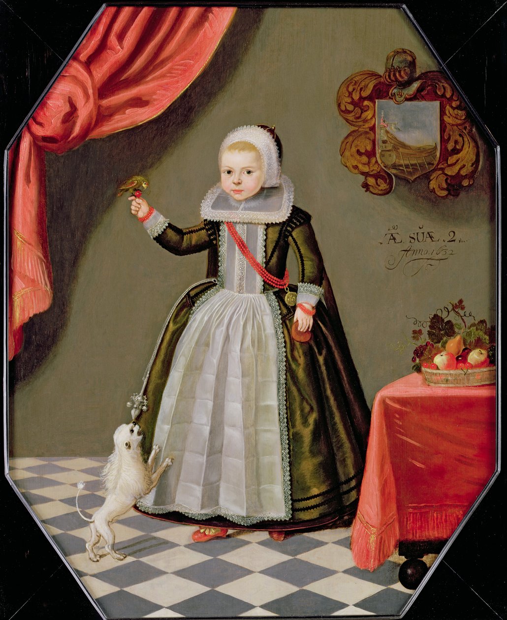 Portret młodej dziewczyny z ptakiem na palcu i psem u jej stóp, 1632 autorstwa Dutch School
