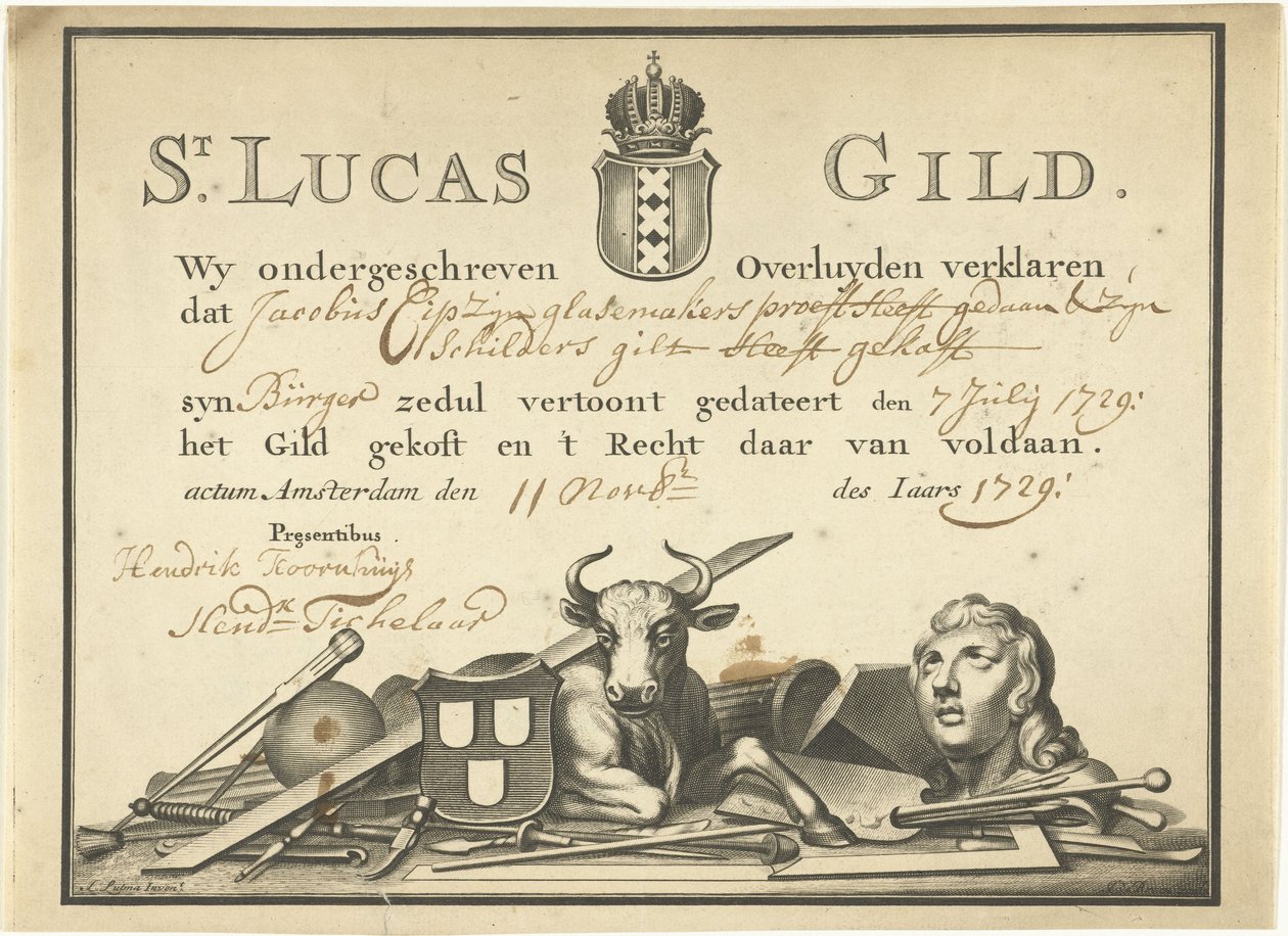 Pokwitowanie od gildii św. Łukasza w Amsterdamie dla szklarza Jamesa Cipa, 1729 autorstwa Dutch School