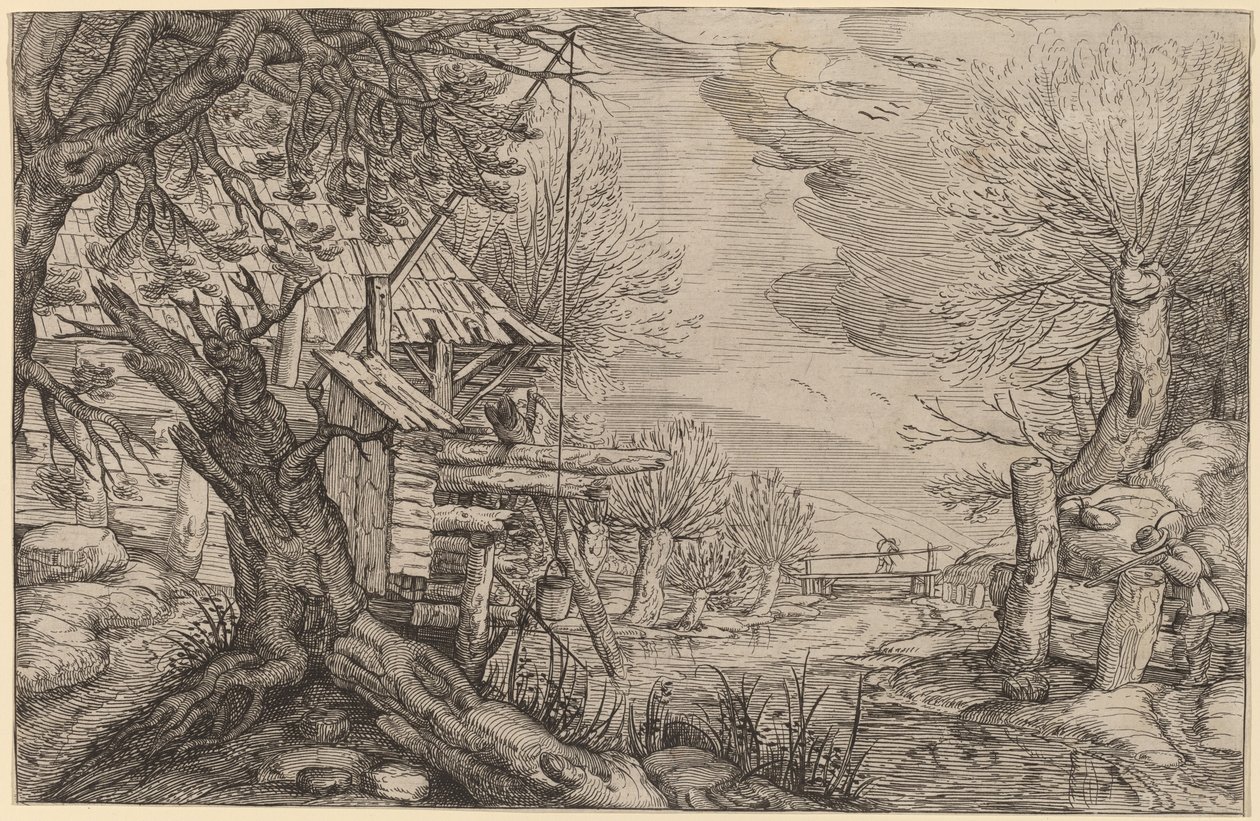 Krajobraz z domem z bali w pobliżu rzeki autorstwa Dutch 17th Century, formerly Jacques de Gheyn II