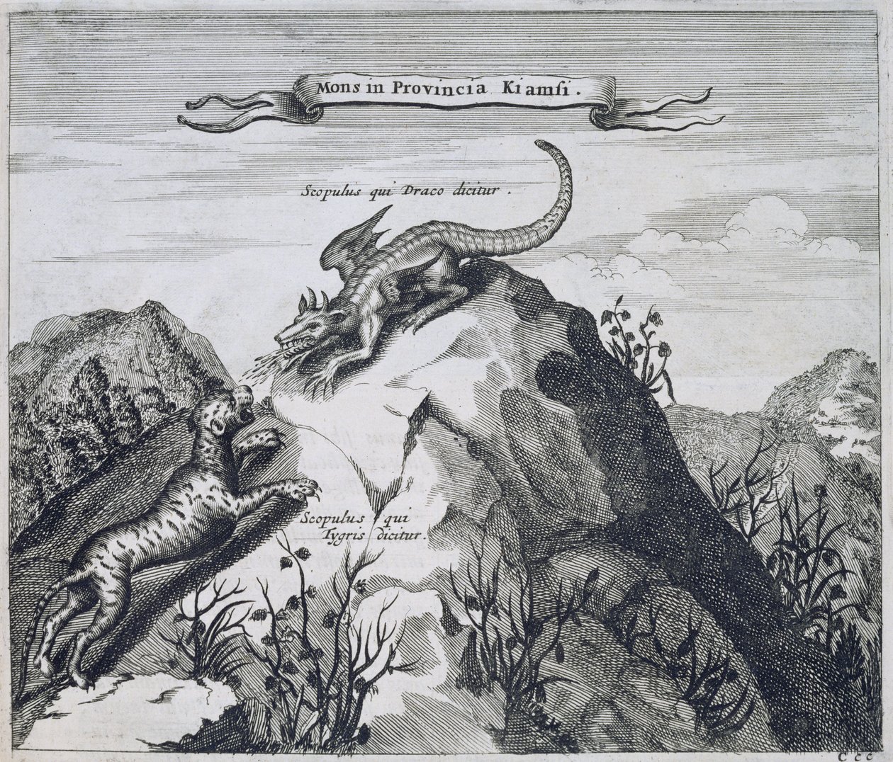 Góra w prowincji Jiangxi ze skałami znanymi jako smok i tygrys, z Chin Ilustrowany przez Athanasiusa Kirchera (1601-80) 1667 autorstwa Dutch School