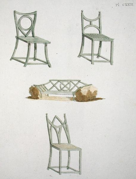 Kolekcja siedzeń z „Magazine of Garden Gems” G. van Laara, wydana 1802 (kolor lito) autorstwa Dutch School