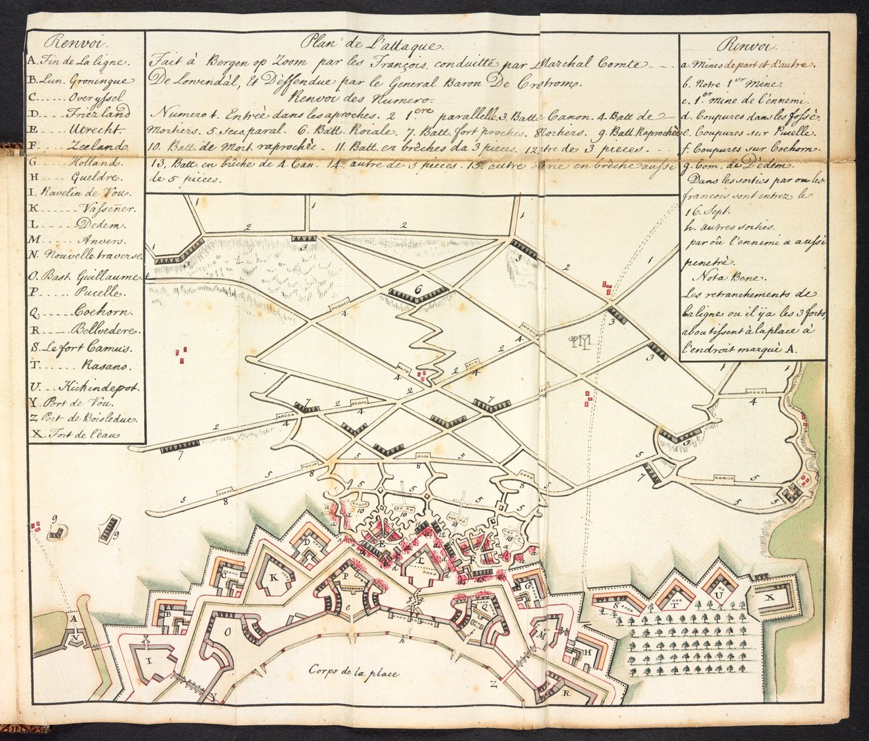 Kolorowy plan oblężenia Bergen op Zoom (kolorowa rycina) autorstwa Dutch School