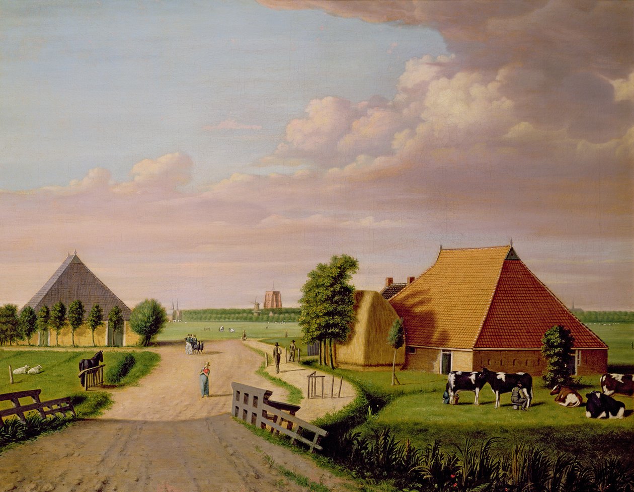 Badanie Leevwarden w Holandii ze stadem bydła fryzyjskiego na pierwszym planie autorstwa Dutch School