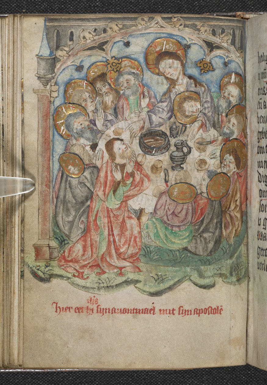 Dodaj 50005 f.85v, Ostatnia Wieczerza, c.1410-20 (welum) autorstwa Dutch School