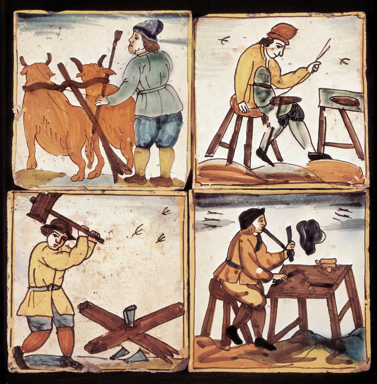 Panel Azulejos: reprezentacja rzemiosła, chłopska uprawa roli, oszczędzanie, łuparka do drewna i pipier (ceramika) autorstwa Dutch School