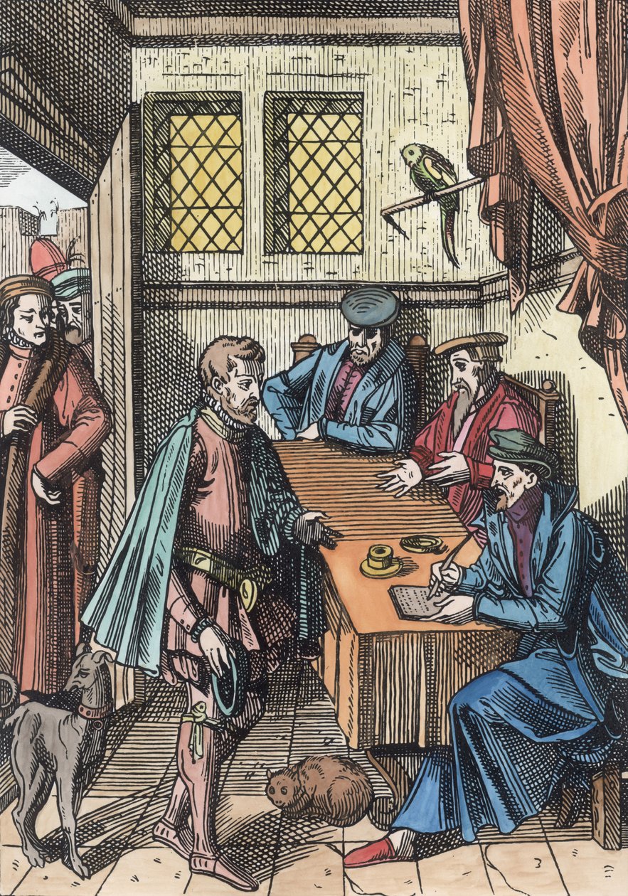 Bailliage, czyli Trybunał Królów, według drzeworytu w Praxis Rerum Civilium Joosa de Damhoudera (1507–81) opublikowanego w Antwerpii, 1557 (późniejsze zabarwienie) autorstwa Dutch School