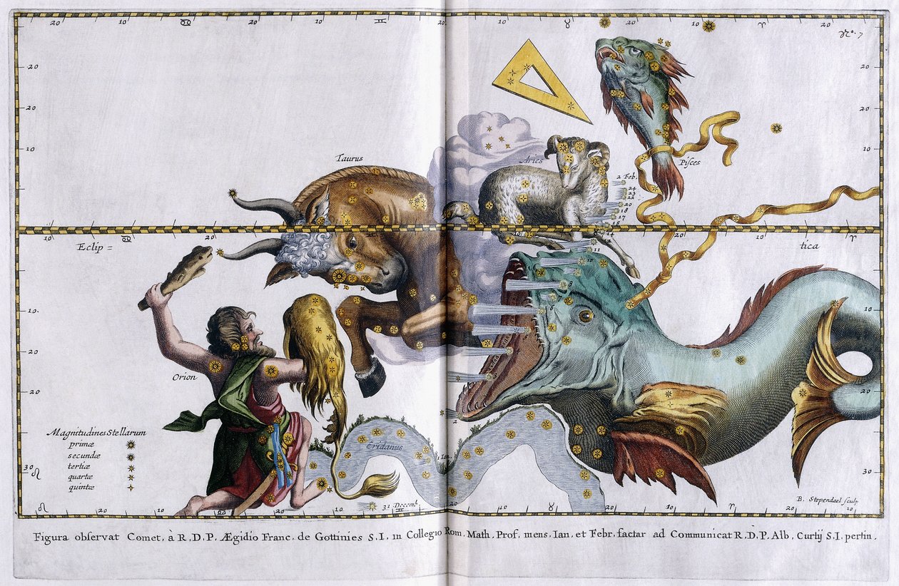 Niebiańska mapa konstelacji: Orion, Byk, Baran i Ryby, 1666-1668 autorstwa Dutch School