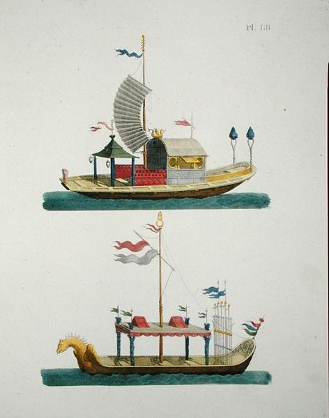 Chińskie łodzie ozdobne, z „Magazine of Garden Gems”, G. van Laar, opublikowane 1802 (kolor lito) autorstwa Dutch School
