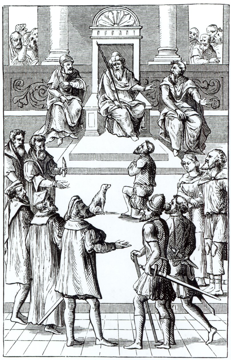 Spowiedź za zadośćuczynienie przed trybunałem, po drzeworycie w Praxis Rerum Criminalium Joosa de Damhoudera (1507–81) opublikowanym w Antwerpii, 1556 autorstwa Dutch School