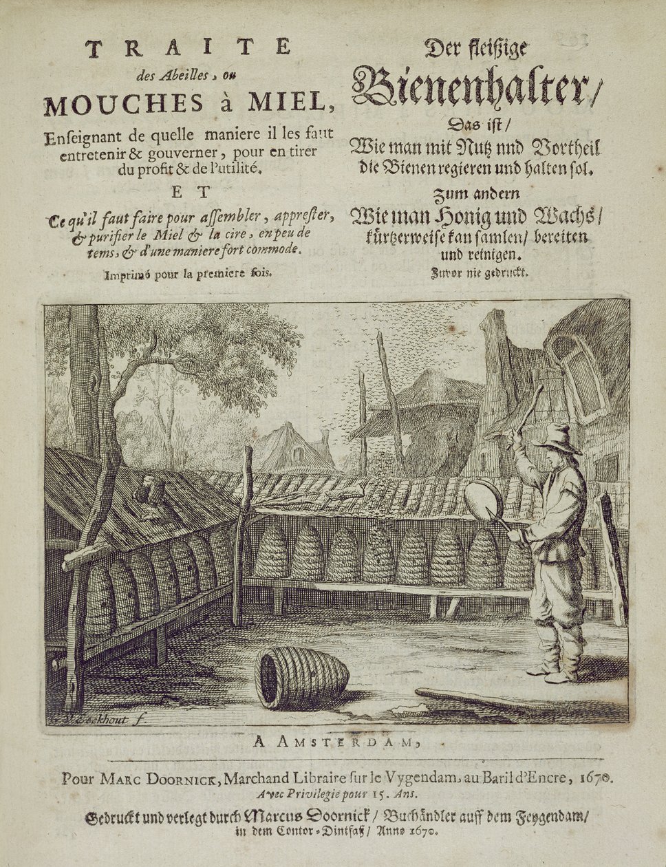 Okładka Traite des Abeilles, ou Mouches a Miel... wydrukowana po francusku i niemiecku, grawerowana przez G.V.Eckhout, Amsterdam 1670 autorstwa Dutch School