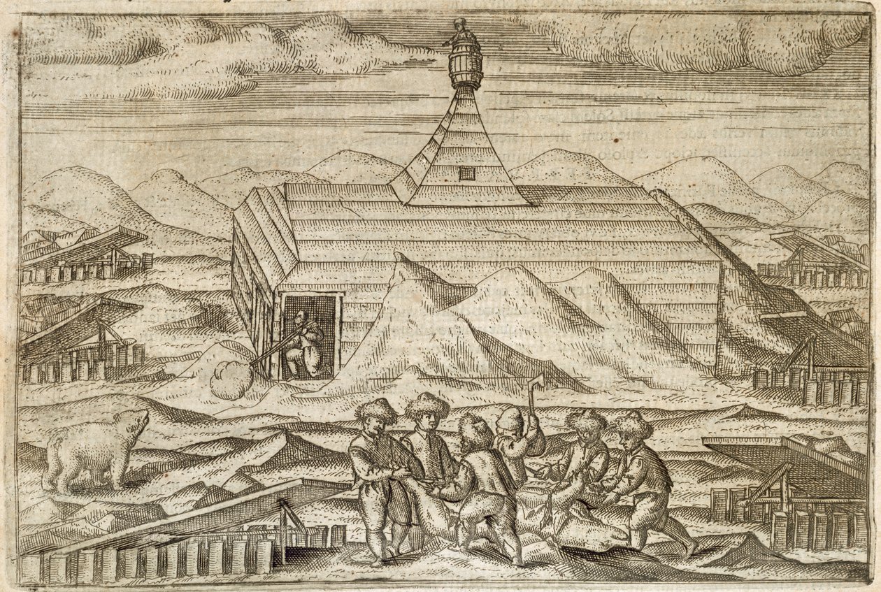 Zabijanie i skórowanie niedźwiedzi przez załogę, na zewnątrz kabiny, w której ekspedycja zimowała, ilustracja z „Diarium Nauticum, seu vera descriptio trium navigationum admirandarum…” autorstwa Gerrita de Veera autorstwa Dutch School