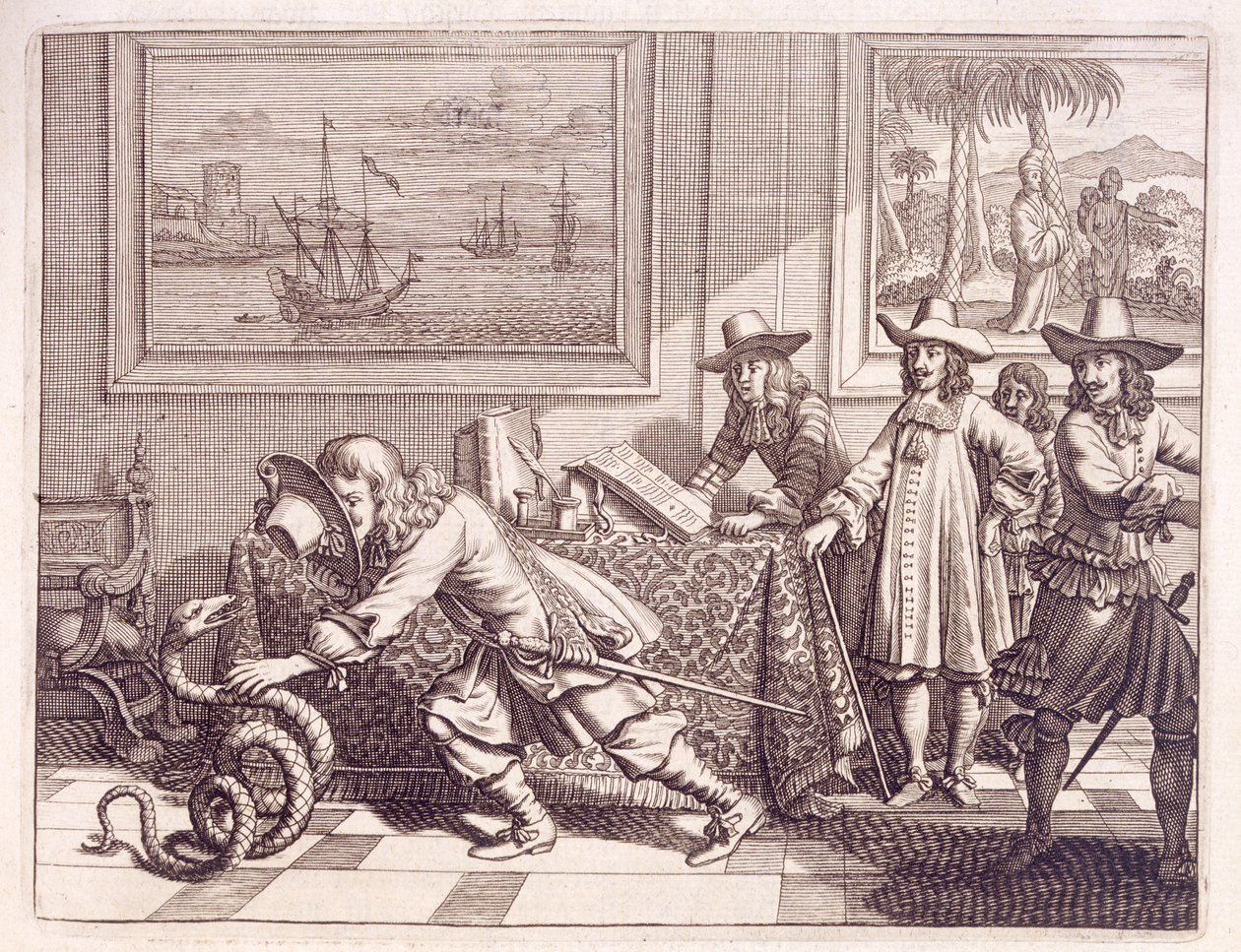 Radzenie sobie z kobrą, która zaatakowała holenderskie pokoje oficerskie, 1672 autorstwa Dutch School