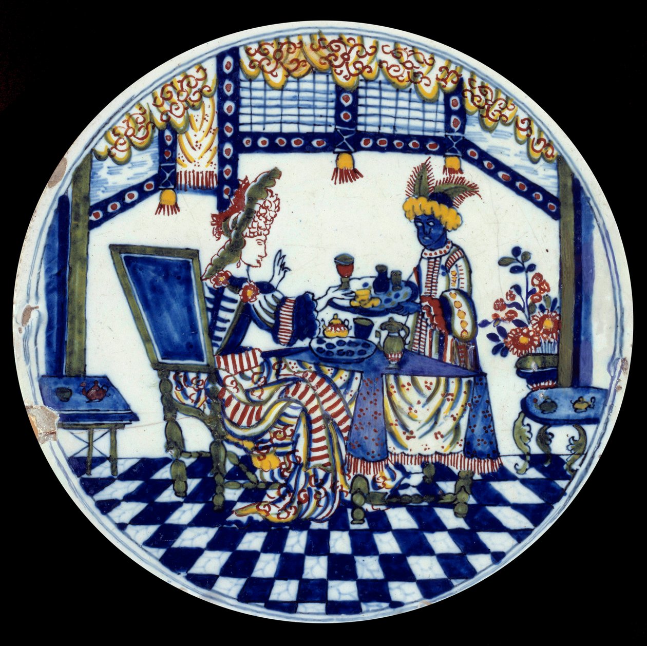 Porcelanowy talerz Delft przedstawiający kobietę przy stole serwowaną przez jej czarnego służącego. 1705 Sevres, Narodowe Muzeum Ceramiki autorstwa Dutch School