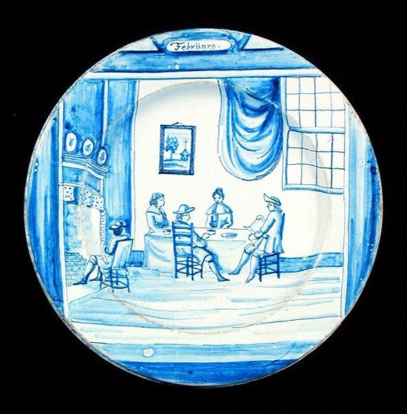 Tabliczka Delftware przedstawiająca miesiąc luty (ceramika glazurowana cyną) autorstwa Dutch School