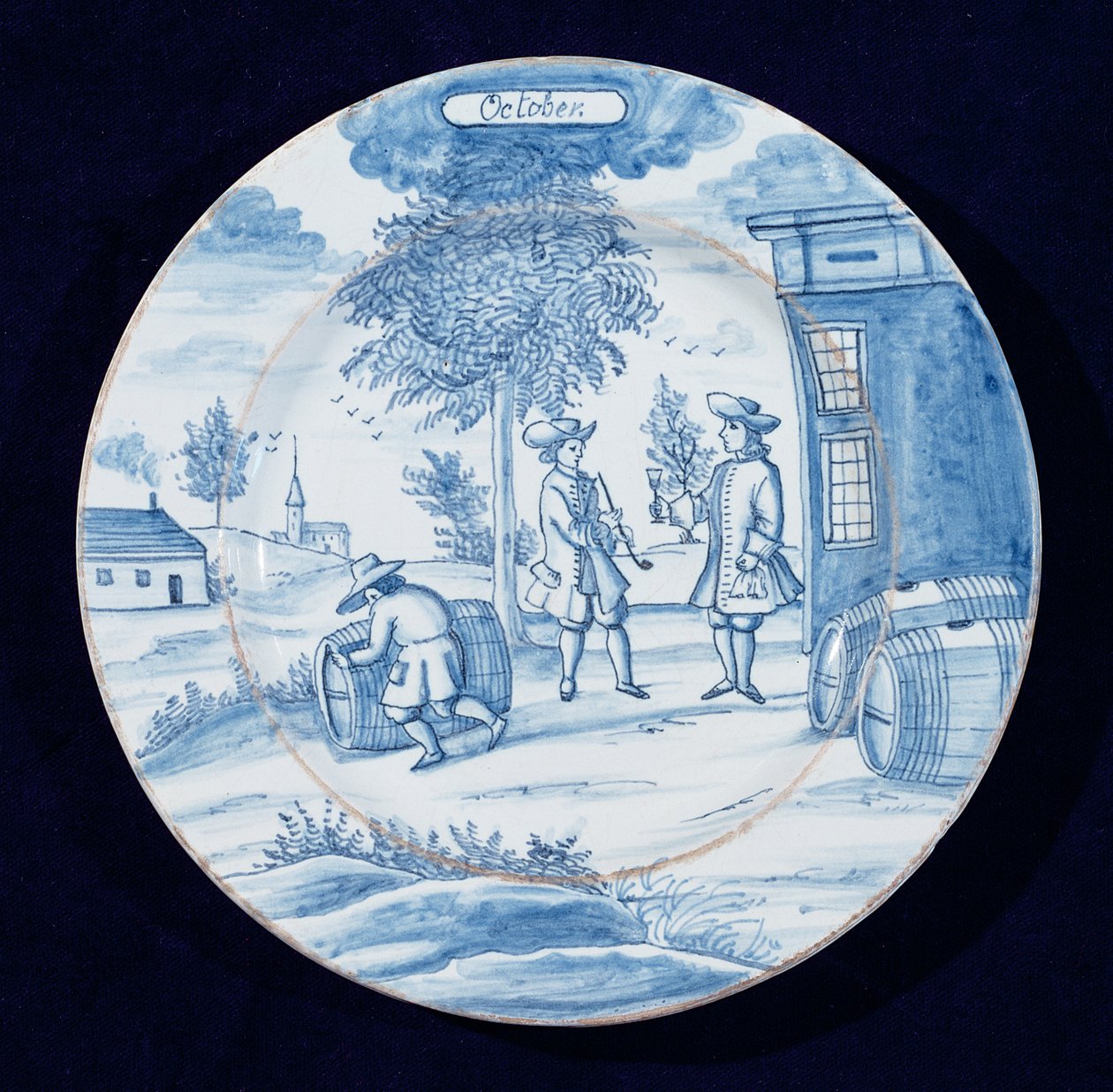 Tabliczka Delftware przedstawiająca miesiąc październik (ceramika glazurowana cyną) autorstwa Dutch School
