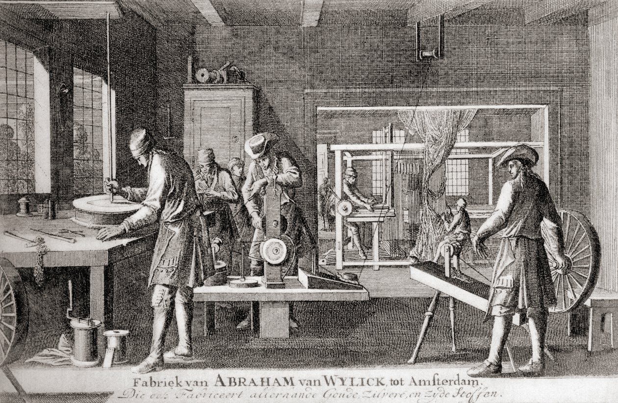 Fabryka Abrahama van Wylicka, Amsterdamski Przemysł Jedwabniczy, z "Geschiedenis van Nederland", wyd. 1936 (litografia) autorstwa Dutch School