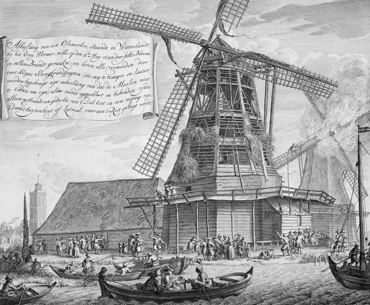 Gaszenie pożaru w wiatraku w pobliżu Worden, z książki o gaszeniu pożarów w Holandii, wydanej ok. 1700 r. autorstwa Dutch School