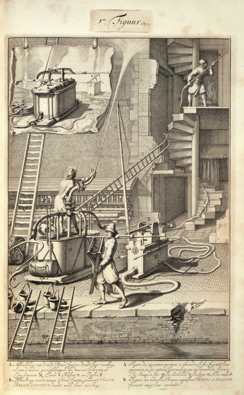 Firefighting Machinery, z książki o pożarach w Holandii, opublikowanej ok. 1700 autorstwa Dutch School