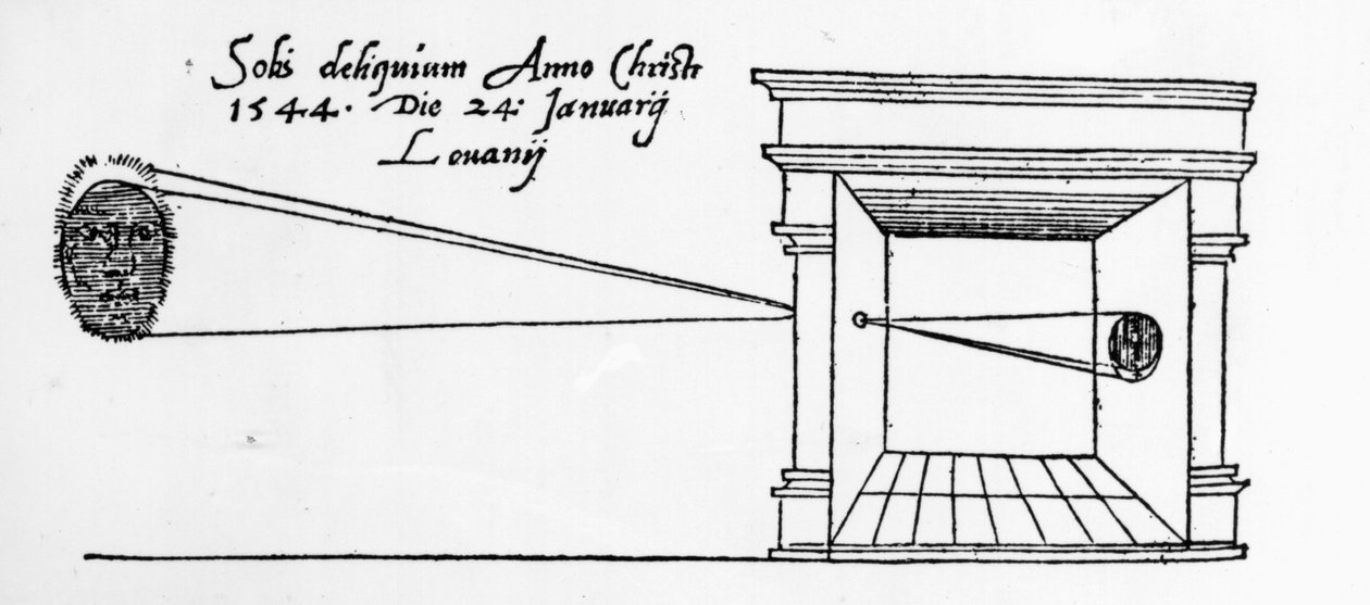 Pierwsza opublikowana ilustracja kamery obscura obserwującej zaćmienie Słońca w styczniu 1544 autorstwa Dutch School