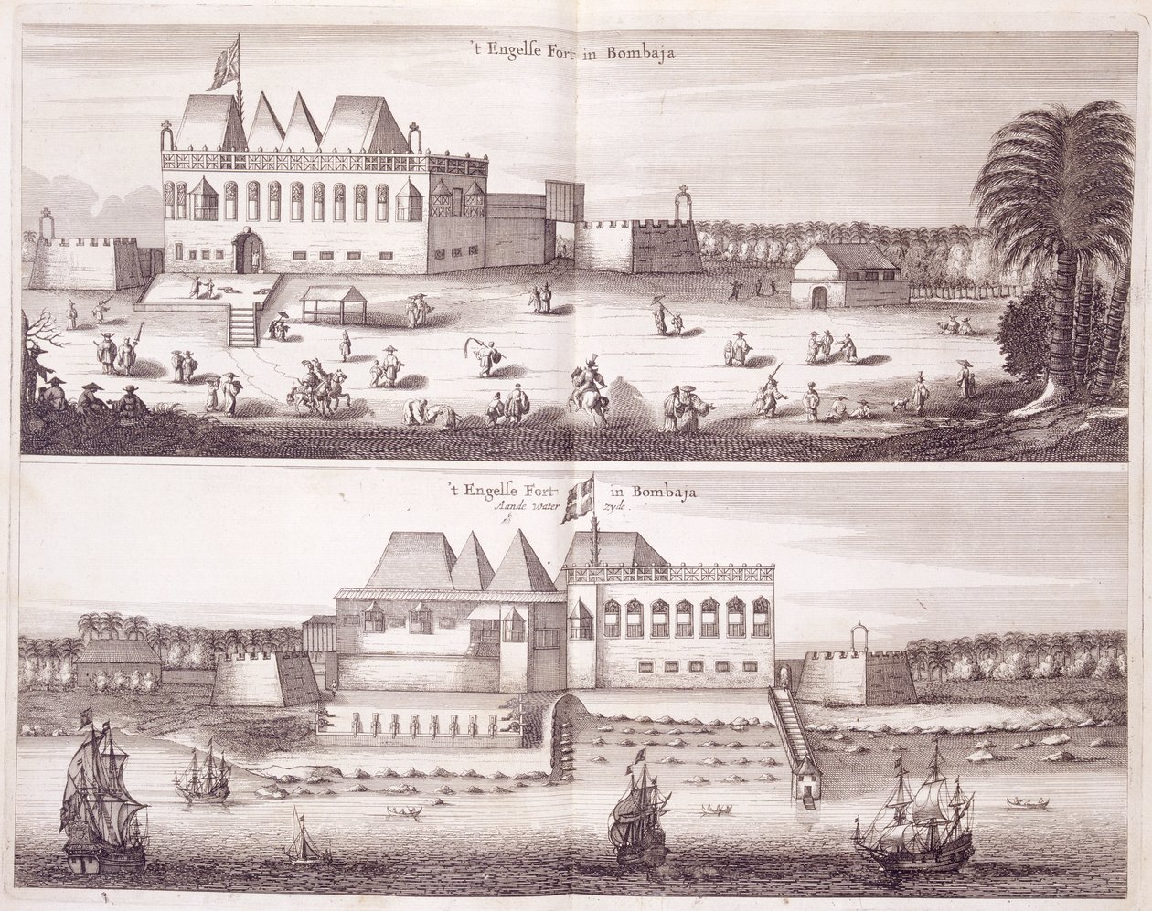 Widoki z przodu i od strony wody na angielski fort w Bombaju, 1672 autorstwa Dutch School
