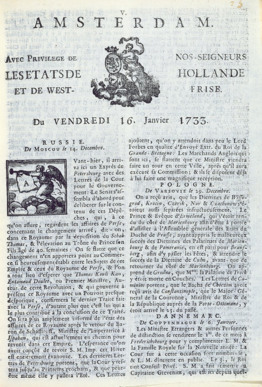 Strona tytułowa La Gazette dAmsterdam, 16 stycznia 1733 (papier drukowany) autorstwa Dutch School