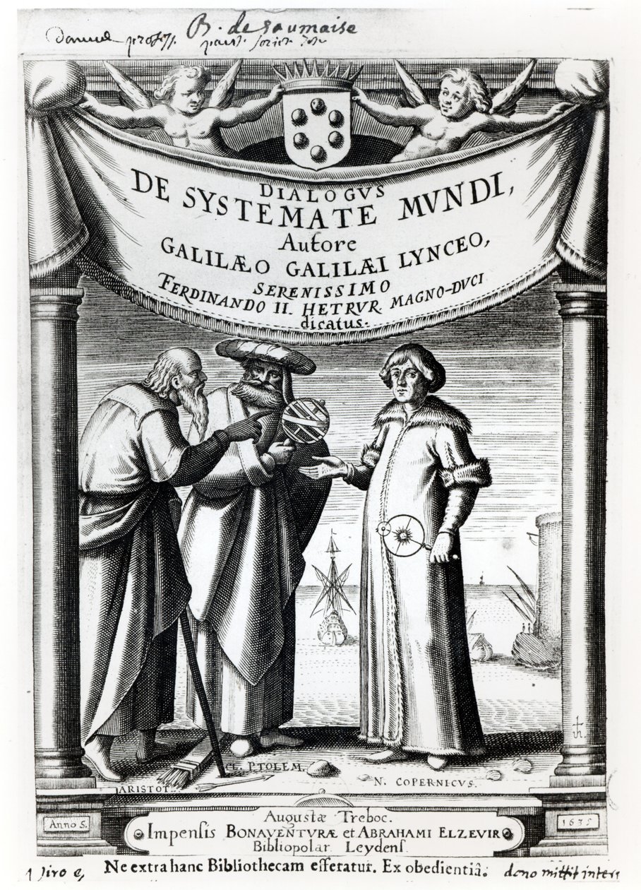 Frontyspis Dialogus De Systemate Mundi Galileusza (1564-1642), opublikowany w Leyden 1635 autorstwa Dutch School