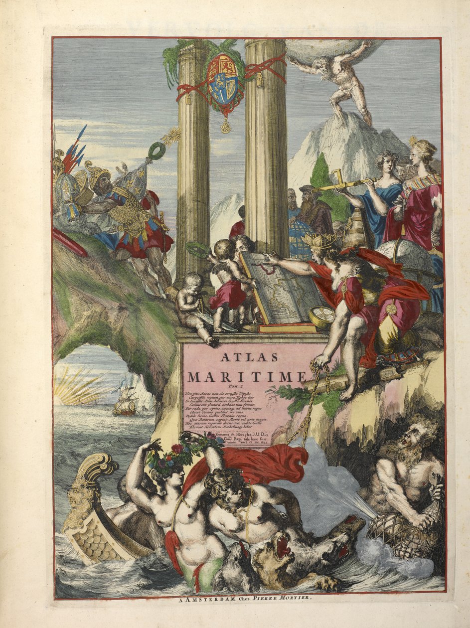 Frontyspis z „De Fransche Neptunus and Atlas Maritime and Suite du Neptune François” Charlesa Pene i Pietera Mortiera (kolorowa grawerunek) autorstwa Dutch School