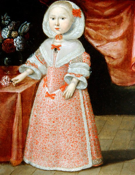 Dziewczynka trzymająca różowo-biały kwiat, ok. 1640 (olej na miedzi) autorstwa Dutch School