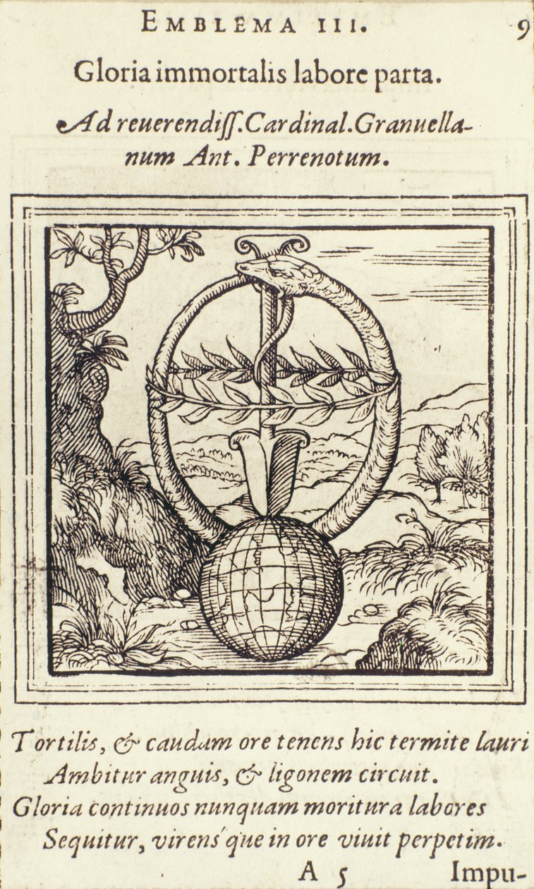 Zdobyta chwała nieśmiertelnej pracy, ilustracja z Emblemata Adrianusa Juniusa, wyd. Christophe Plantin, Anvers, 1565 autorstwa Dutch School