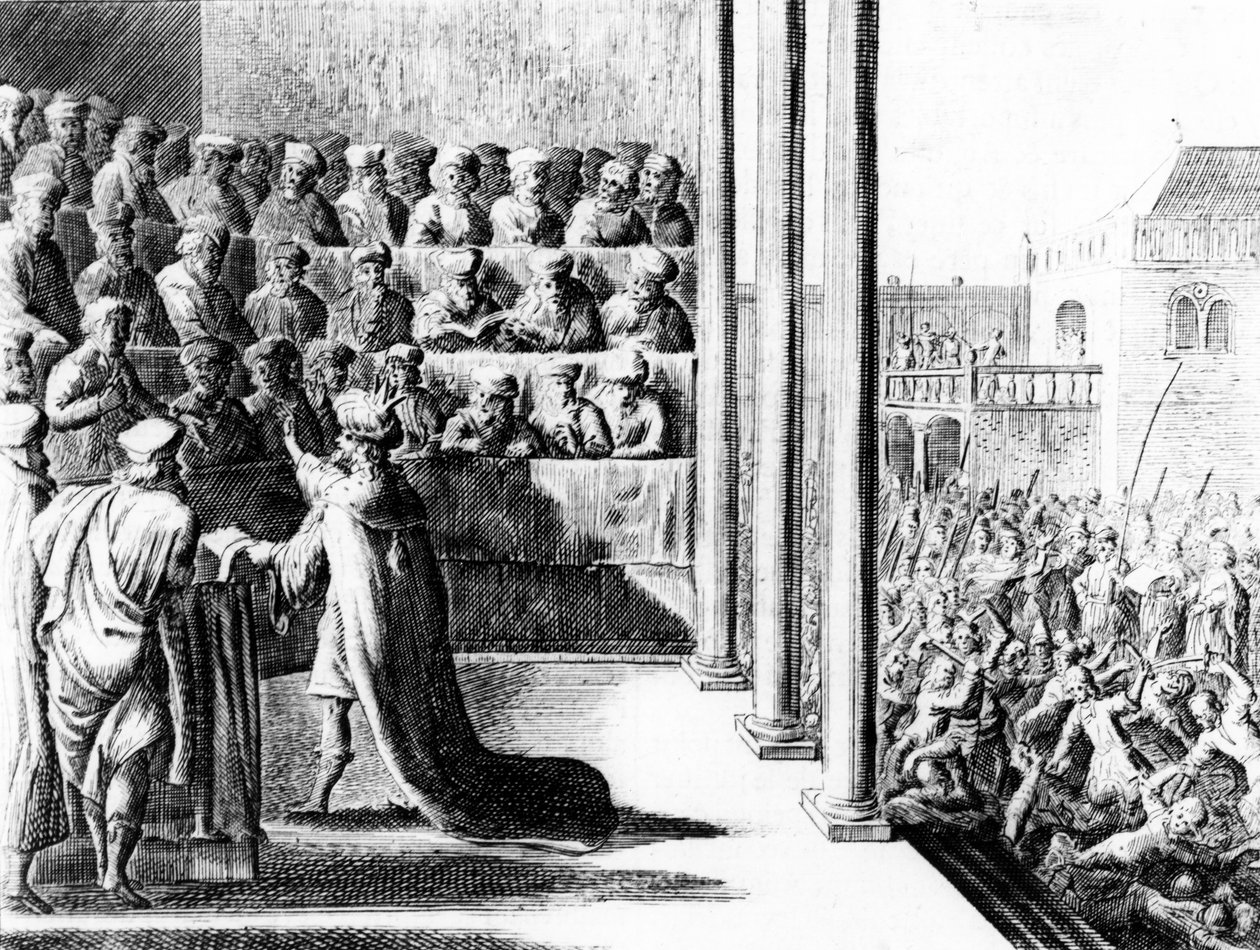 Herod Wielki oskarża swoich synów, Aleksandra i Arystobula, o zdradę stanu. ok.1700 autorstwa Dutch School