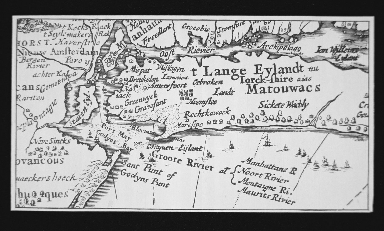 Historia Nowego Jorku: holenderska mapa pokazująca odzyskanie Manhattanu autorstwa Dutch School