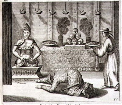 Wnętrze świątyni boga indyjskiego, z "Chin Ilustrowanych" Athanasius Kircher (1601-80) 1667 (rycina) autorstwa Dutch School
