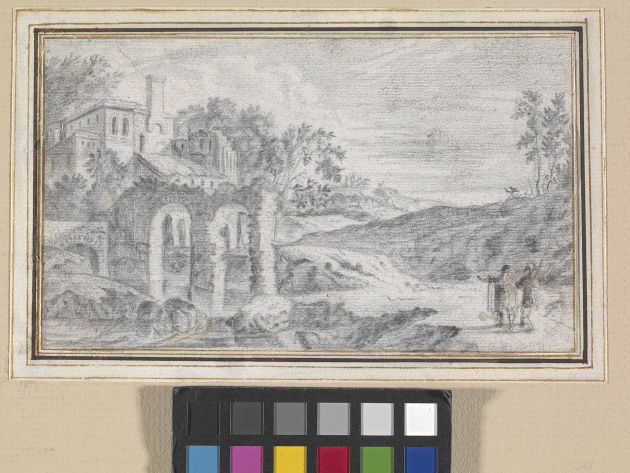 Włoski pejzaż z ruinami (czarna kreda na białawym papierze) autorstwa Dutch School