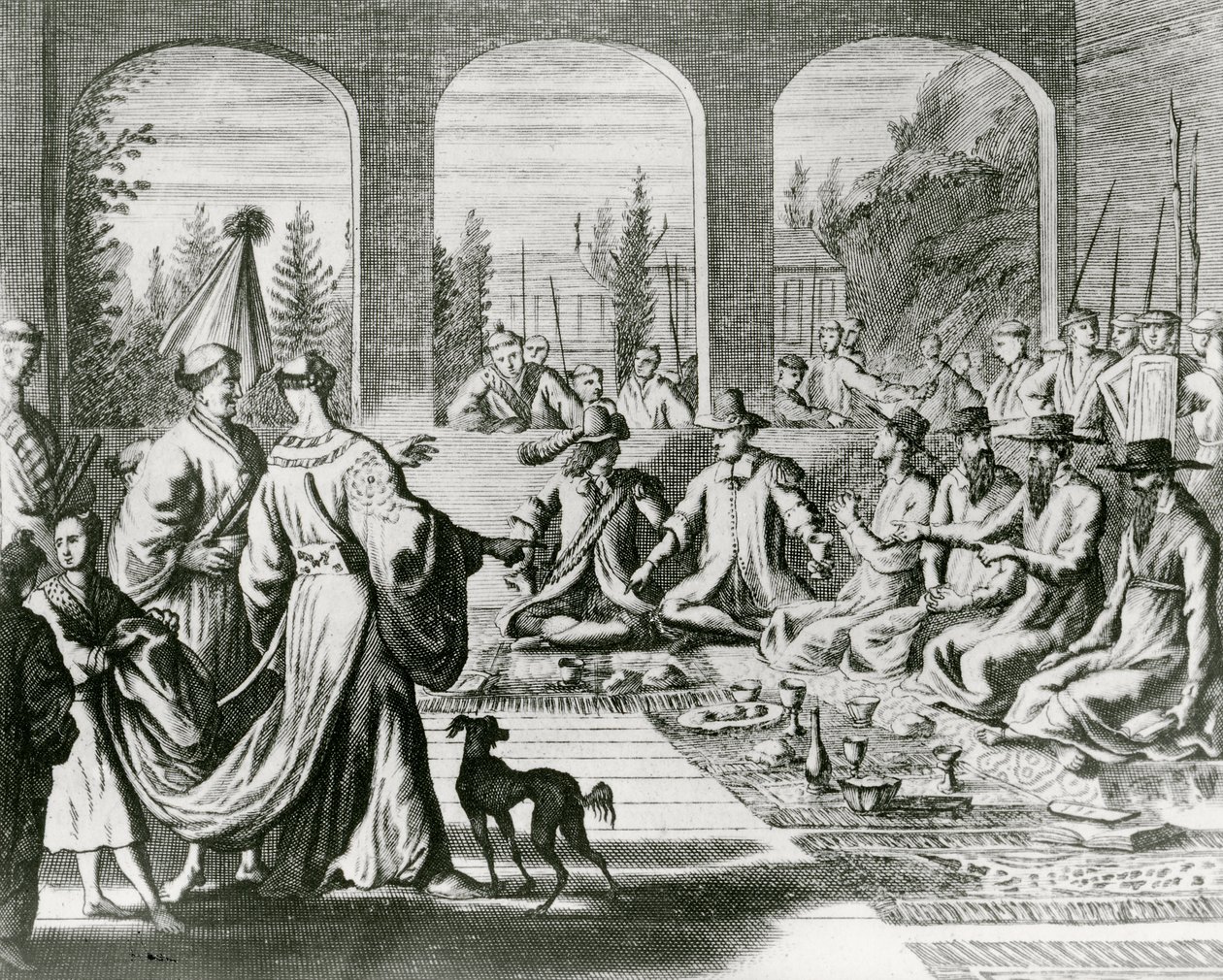 Jezuici z kupcami holenderskimi i portugalskimi na dworze japońskim, ok. 1670 (rycina) autorstwa Dutch School