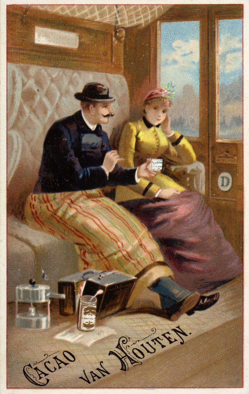 Mężczyzna oferujący czekoladę kobiecie w pociągu (chromolitho) autorstwa Dutch School