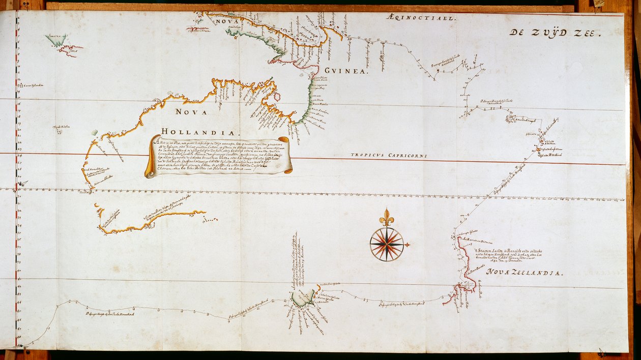 Mapa Nowej Holandii, obecnie Australii i Nowej Zelandii, sporządzona na podstawie informacji zebranych podczas podróży Abela Janszoon Tasmana (1603-1659) i Willema Janszoon (1570-1630) autorstwa Dutch School