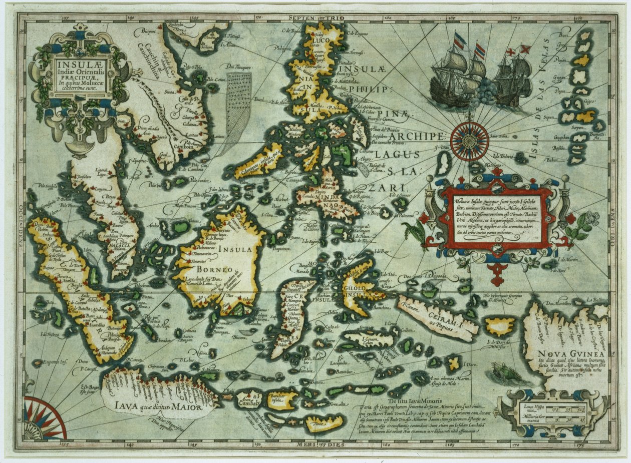 Mapa Indii Wschodnich, wyd. 1635 w Amsterdamie (ręcznie barwiony grawerunek) autorstwa Dutch School
