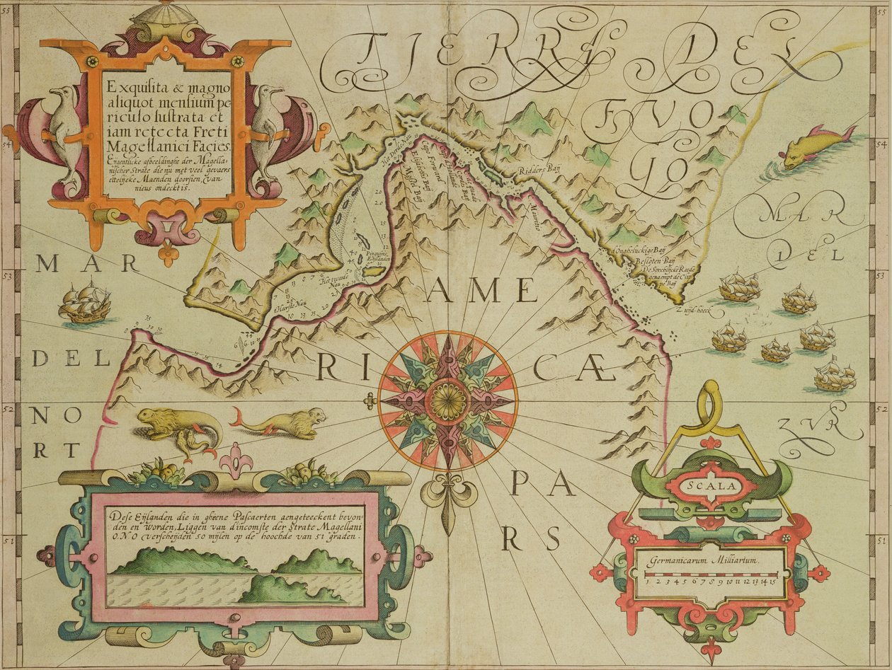 Mapa cieśniny Magellana w Patagonii z pubu Mercator Atlas. Jodocus Hondius (1563-1612) Amsterdam, 1606 autorstwa Dutch School