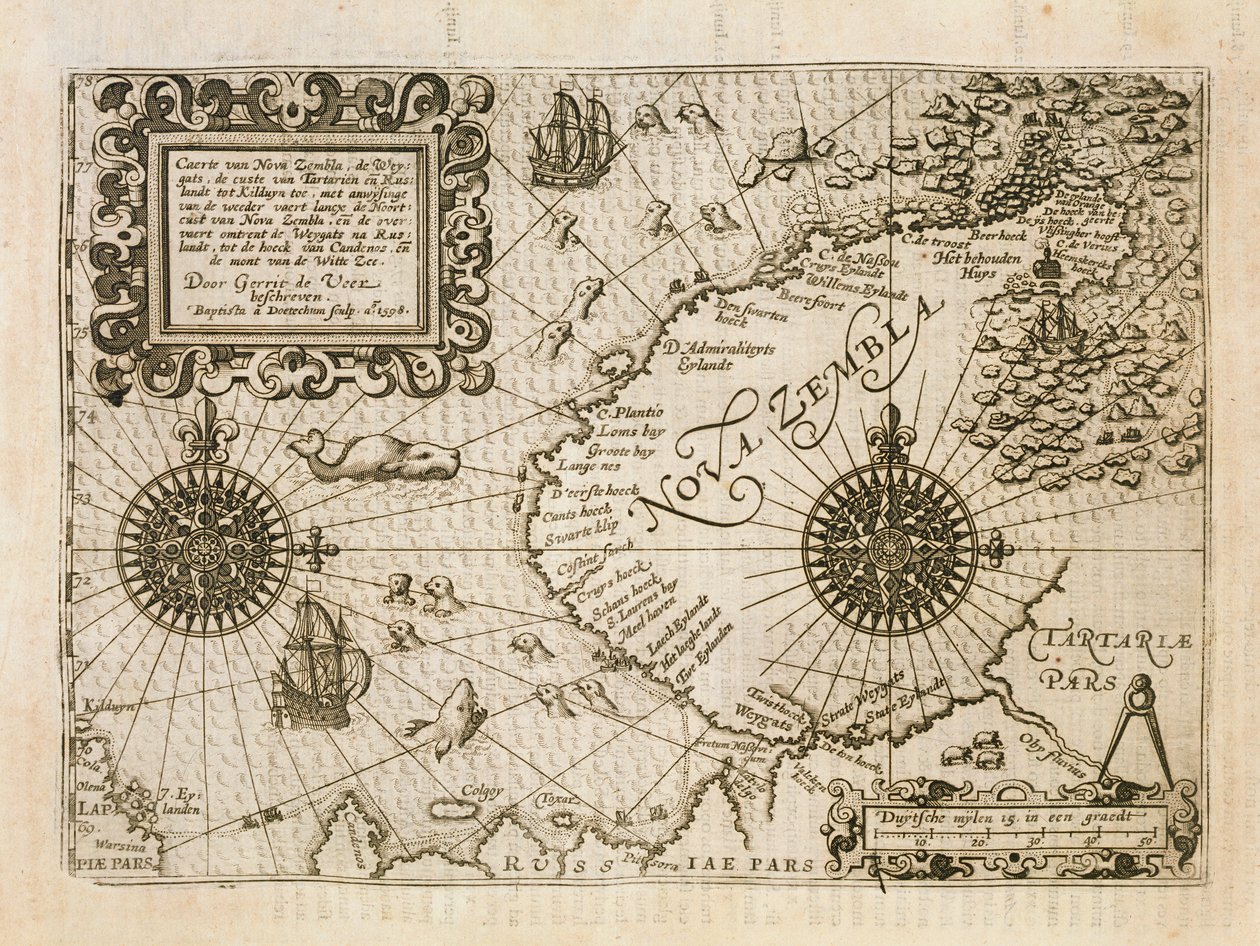 Mapa nowo odkrytej Nova Zembla, ilustracja z Diarium Nauticum, czyli prawdziwy opis trzech godnych podziwu rejsów... autorstwa Dutch School