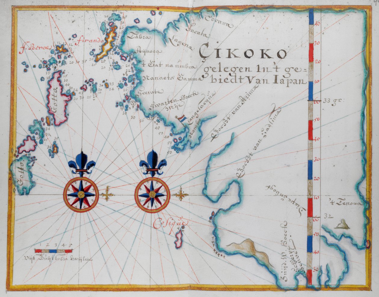 Mapa południowej części wyspy Kiusiu, Japonia (pióro i akwarela na papierze) autorstwa Dutch School