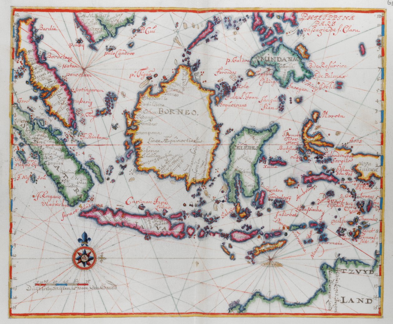 Mapa przedstawiająca Borneo, Clebes (Sulawesi), Jawę i inne indonezyjskie wyspy. autorstwa Dutch School
