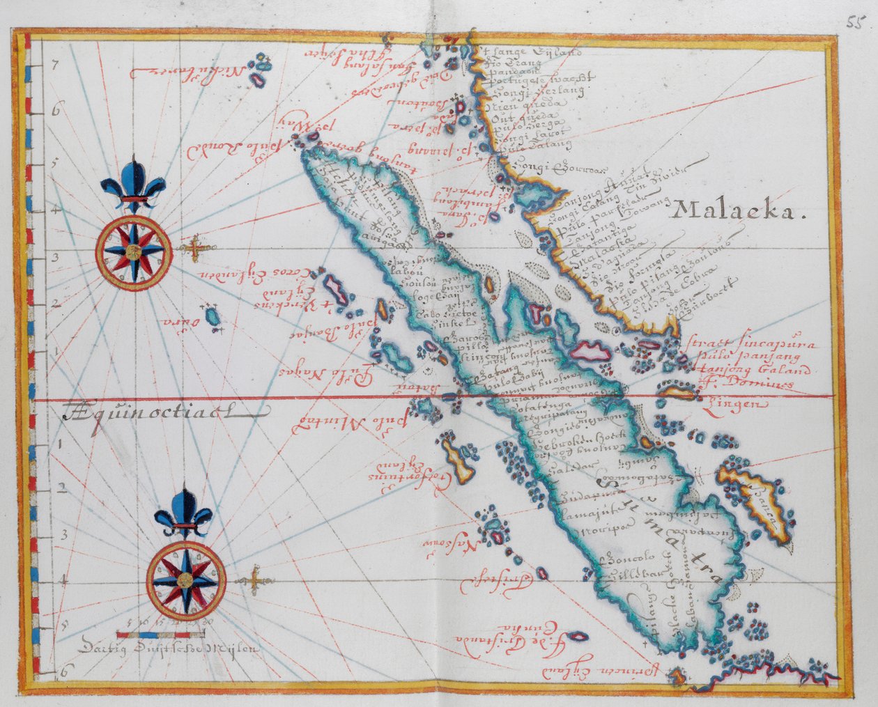 Mapa przedstawiająca Malakkę i Sumatrę, zachodnią Indonezję, część Wysp Sundajskich. autorstwa Dutch School