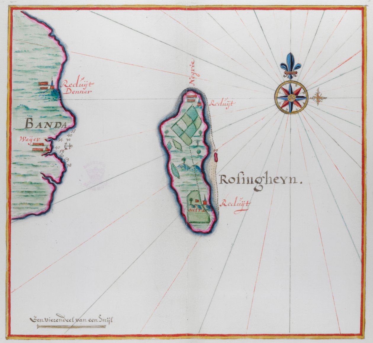 Mapa przedstawiająca niewielką część Banda Besar (Lonthoir) i Hatta (Rosengain). Wyspy Bnda, część indonezyjskiej prowincji Maluku. autorstwa Dutch School