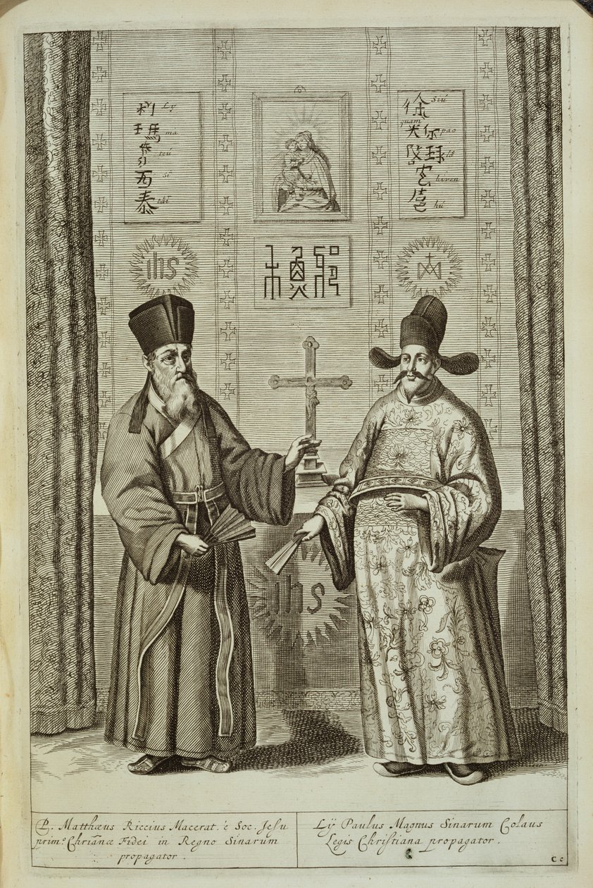 Matteo Ricci (1552-1610) i Paulus Li, z Chin Ilustrowany przez Athanasius Kircher (1601-80) 1667 autorstwa Dutch School