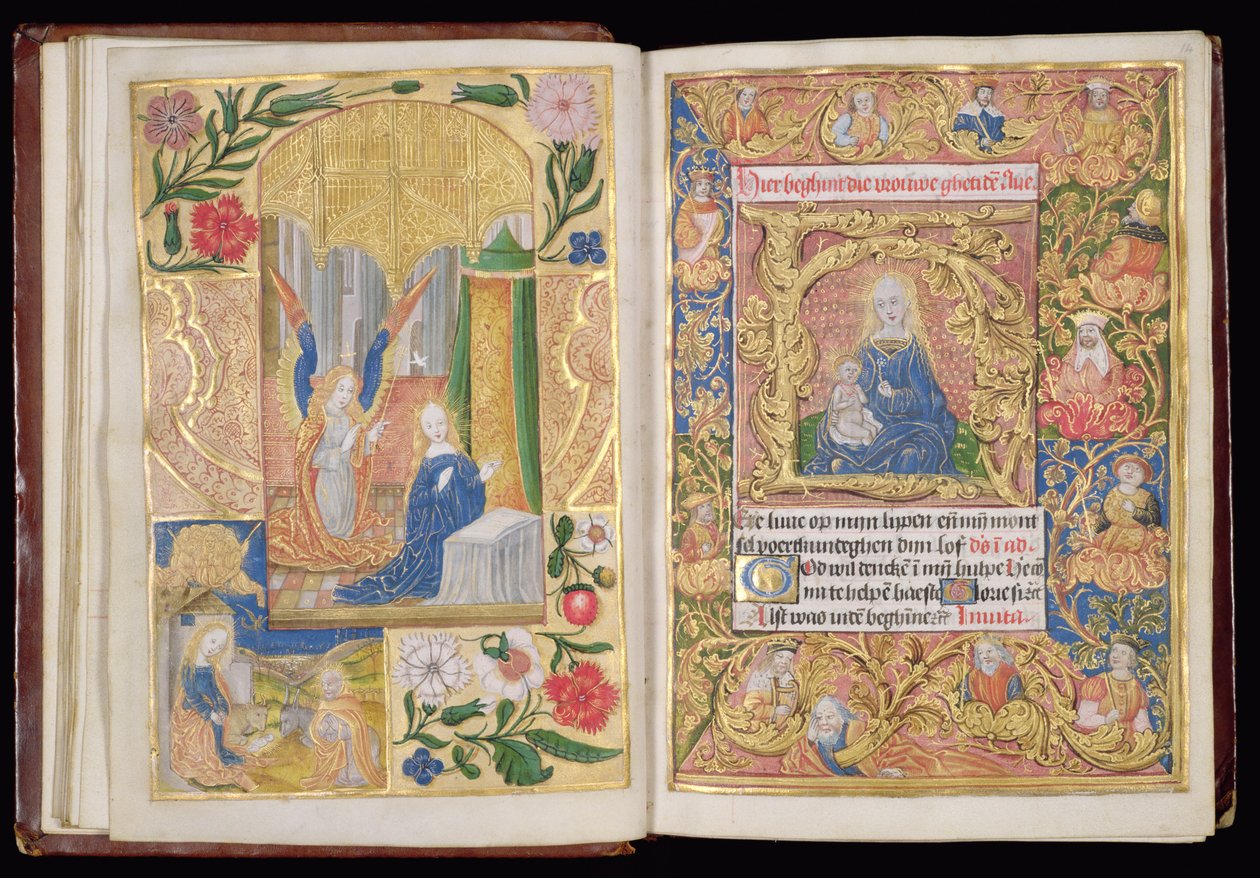 Ms 144, ff.13v-14r: Zwiastowanie i Dziewica z Dzieciątkiem, miniatury z Księgi Godzin, Korzystanie z Utrechtu, ok. 1500-20 (złoty liść i złoty i kolorowy tusz na pergaminie) autorstwa Dutch School