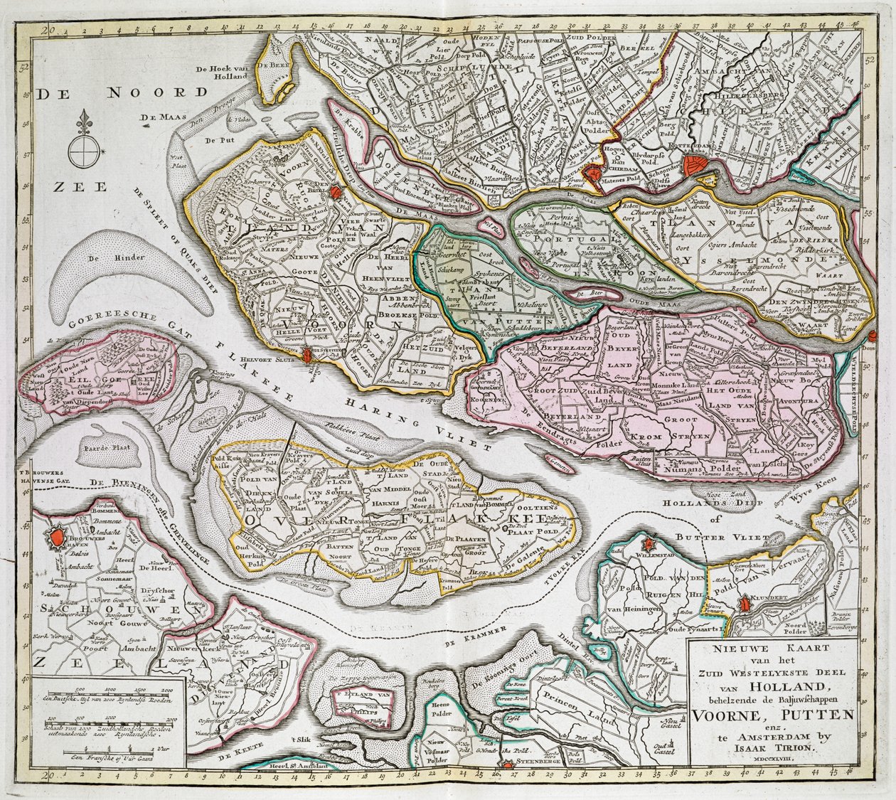 Nowa mapa południowo-zachodniej części Holandii, w tym komorników Voorne, Putten itp. [Trzydzieści sześć map Holandii] Izaak Tirion Między 1739 a 1757. autorstwa Dutch School