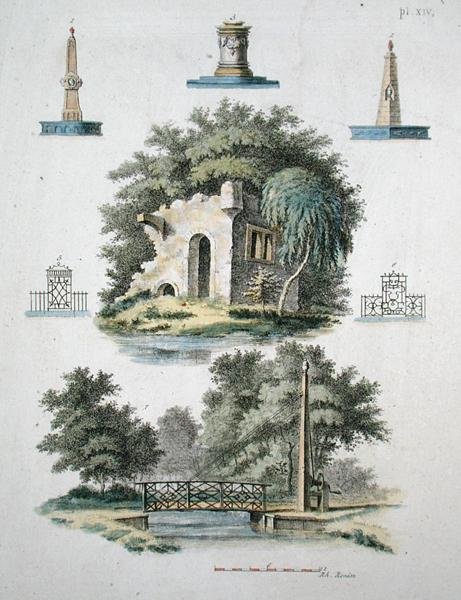 Ozdobne elementy ogrodu, z „Magazine of Garden Gems” G. van Laara, opublikowane 1802 (kolor lito) autorstwa Dutch School