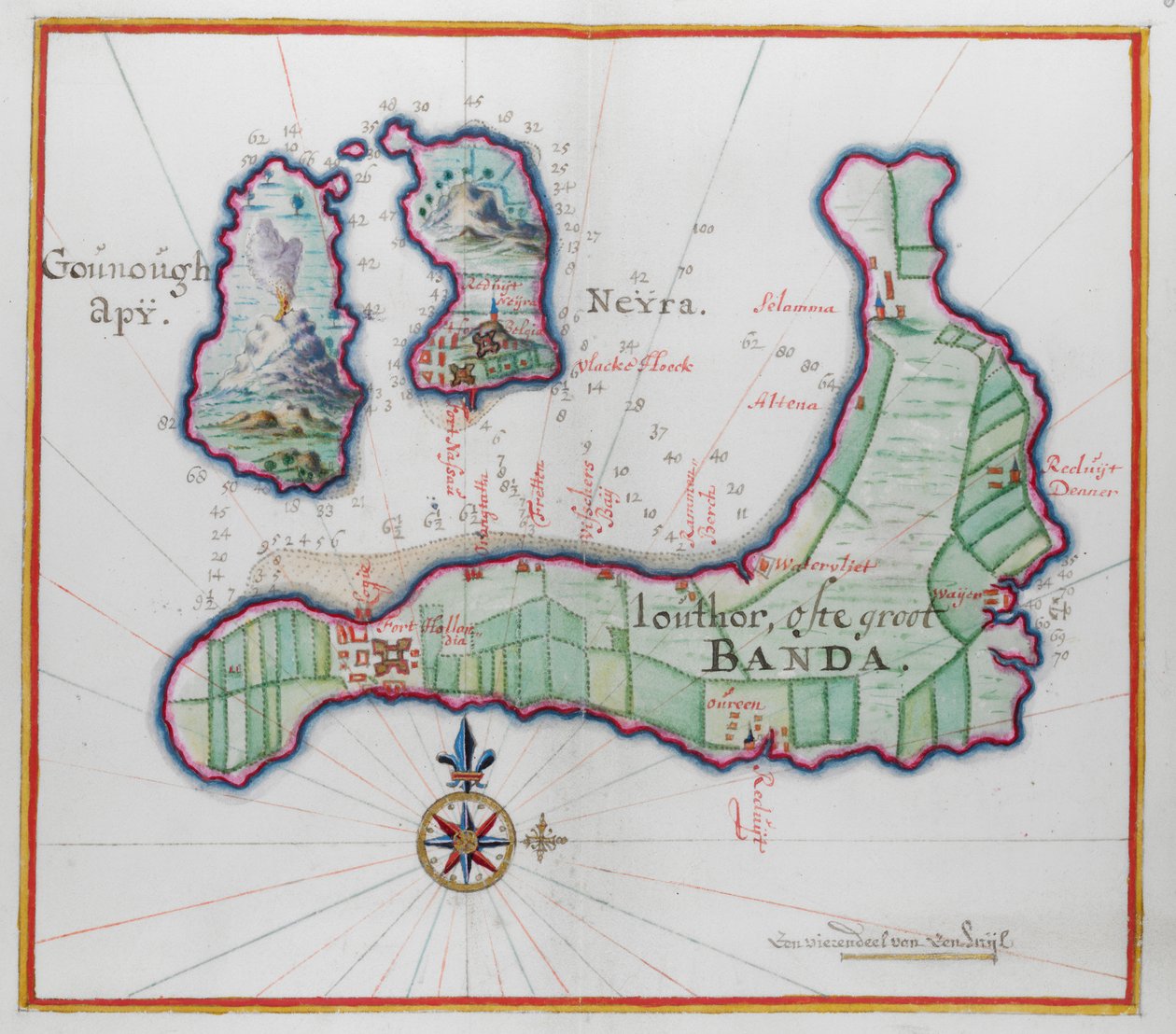 Obrazkowa mapa trzech wysp Banda. autorstwa Dutch School